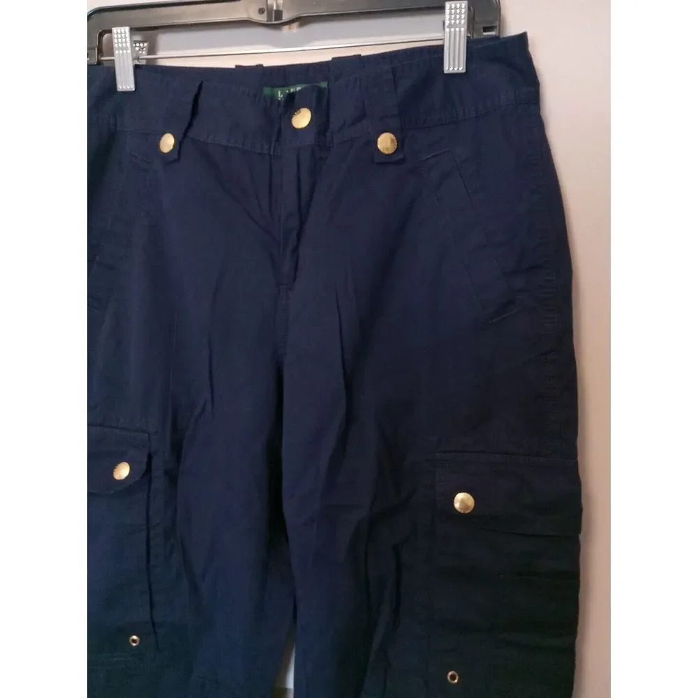 lauren ralph lauren Women Navy Blue Gold Button Crop Cargo‎ Pants Size 6